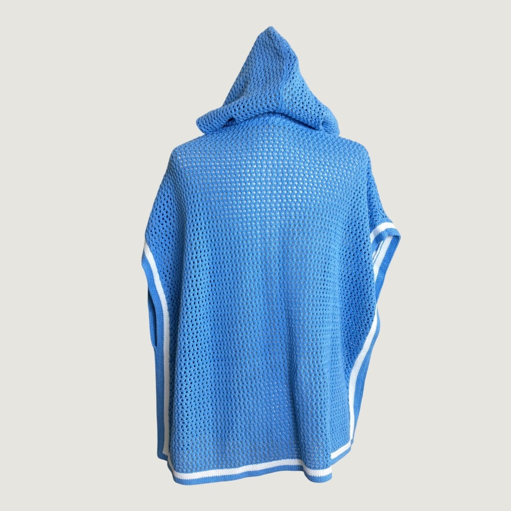 NEW Talbots Womens Blue White Striped Open Knit Hooded Poncho Sweater ML - Picture 4 of 7